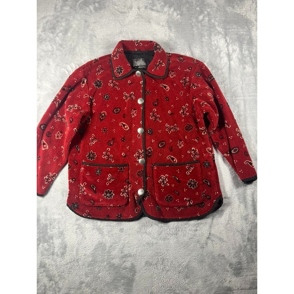 Vintage 90s Tsunami Fleece Jacket Womens Large0920 Red Bandana Print Chore Coat